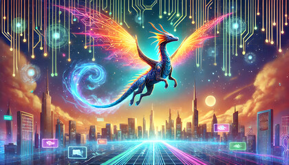 Der digitale Drache in einer futuristischen Stadt