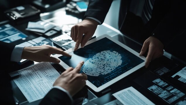 Detectives examining fingerprint evidence on a tablet during a criminal investigation.