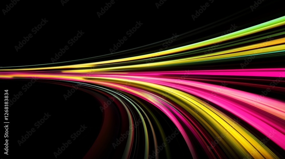 Poster abstract colorful light trails on black background, dynamic motion speed lines.