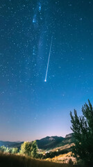 bright meteor streaks across starry night sky over mountains