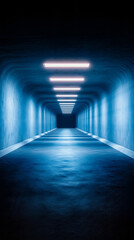 A long tunnel with blue lights in the middle of it