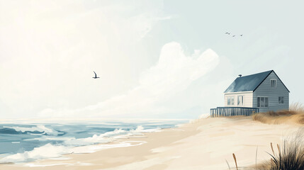 Minimalist beach house with cool gray tones and sandy hues offering a serene and calming retreat