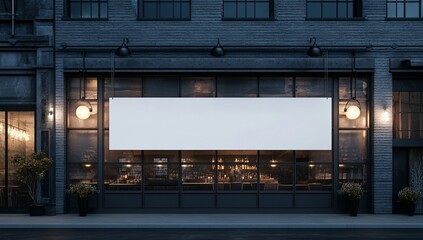 Obraz premium Blank storefront banner on a dark brick building at night.