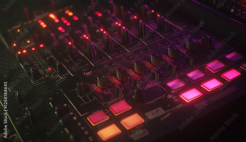 Aufkleber close-up of a music mixer with illuminated buttons and knobs.