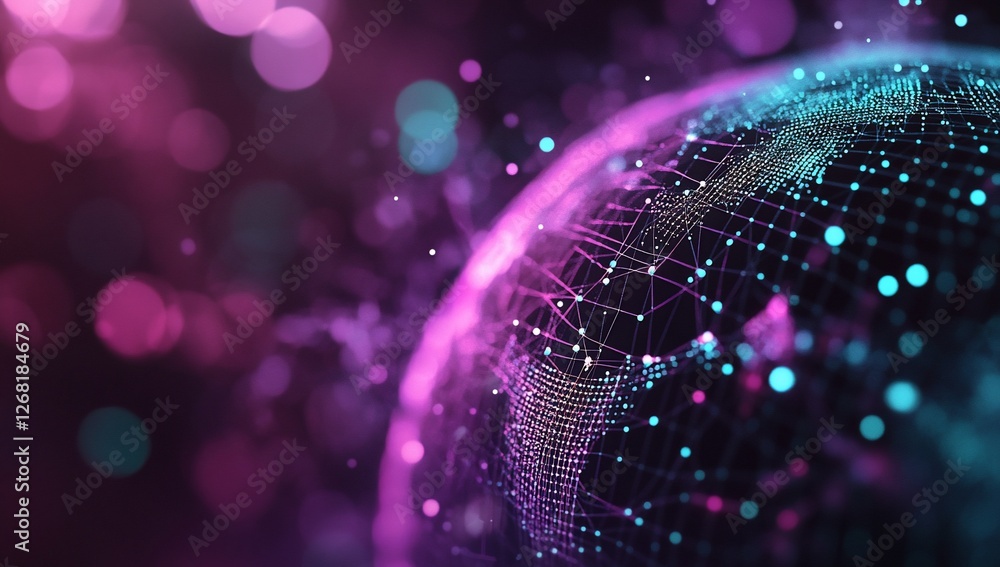 Poster global network connection, digital earth with glowing nodes and lines.