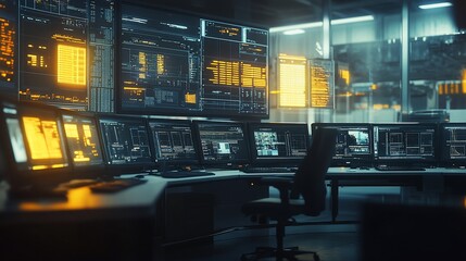 Futuristic control room with multiple monitors displaying data.