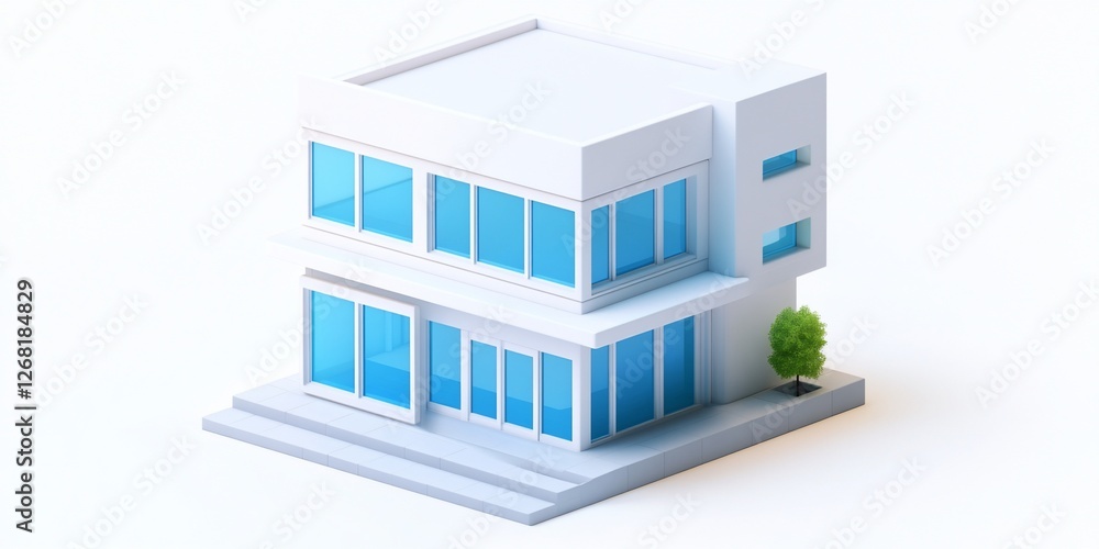 Poster isometric view of a modern two-story house with large windows and a small tree.