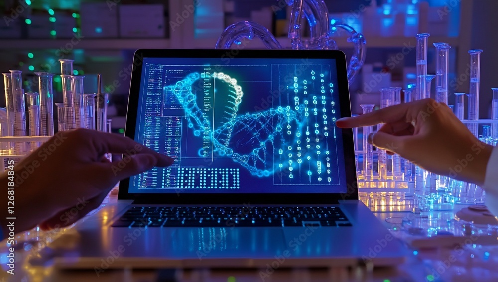 Poster scientists collaborating, analyzing dna data on laptop in illuminated lab.