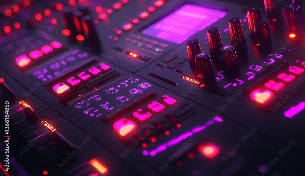 Aufkleber close-up of a futuristic music mixing console with illuminated buttons and knobs.