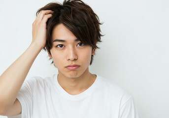 Fototapeta premium 髪を触る若い男性、頭、ヘアケア、不安、ストレス