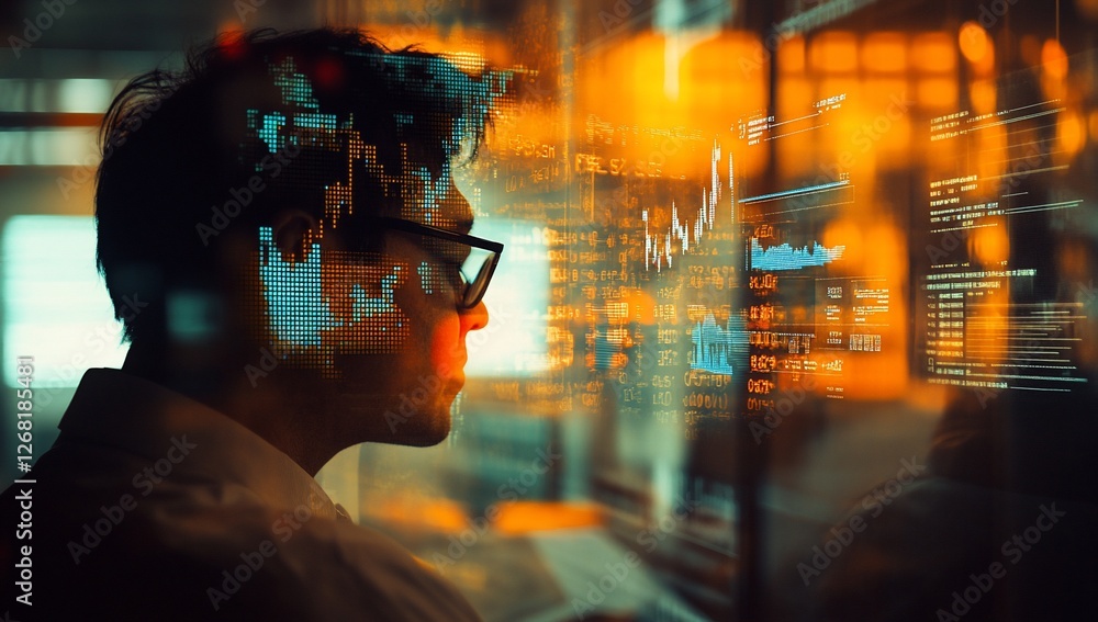 Poster man analyzing financial data on a large screen.