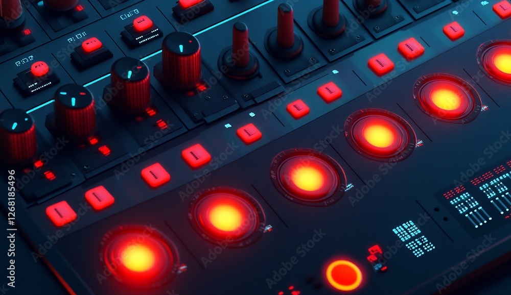 Aufkleber close-up of a music production control panel with illuminated buttons and knobs.
