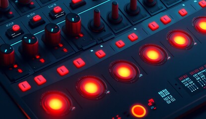 Close-up of a music production control panel with illuminated buttons and knobs.