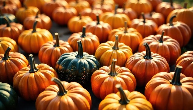Gourds and pumpkins in a colorful arrangement with golden light, warm light, pumpkins, gourds