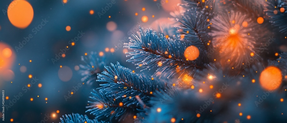 Poster close-up of frosted pine branches with warm bokeh lights, creating a magical winter scene.