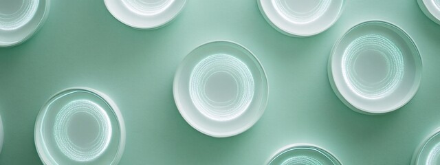 Minimalist overhead shot of white plates on a teal background.