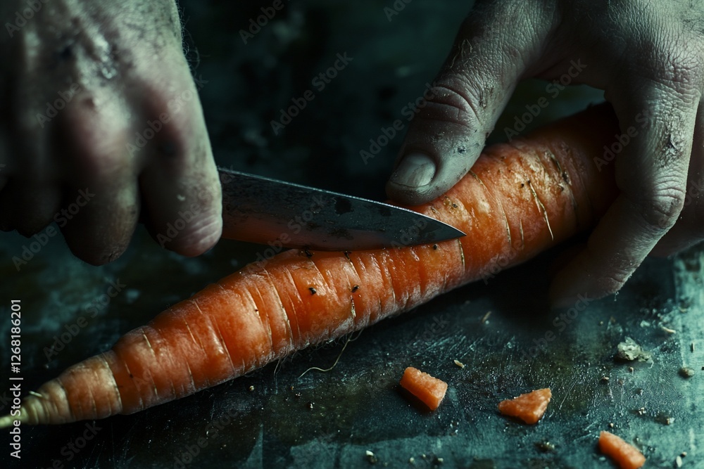 Poster close-up of hands using a knife to cut a large carrot on a dark surface.