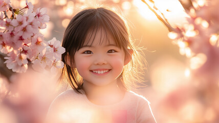 Fototapeta premium 桜の枝越しにこぼれる小学生の優しい笑顔