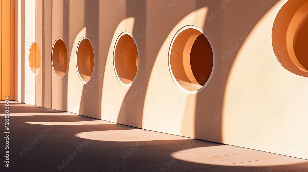 Poster sunlight streams through round windows in a peach-colored wall, casting arched shadows on the floor.