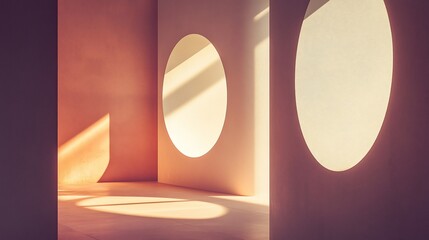 Sunlight streams through oval window cutouts in a minimalist room, casting warm shadows on the walls and floor.