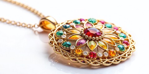 Fototapeta premium Elegant Silver Pendant Necklace Close-up on White, Luxury Jewelry Photography