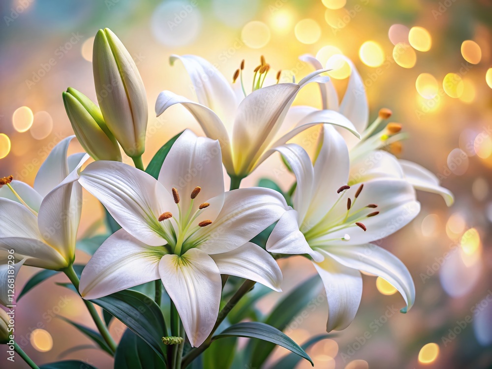 Poster elegant white lilies with soft bokeh background - copy space for text