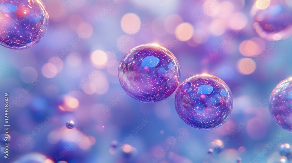 Poster abstract image of floating iridescent bubbles with bokeh background.