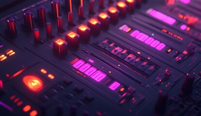 Naklejka premium Close-up of a futuristic music mixing console with glowing buttons and knobs in red and purple light.