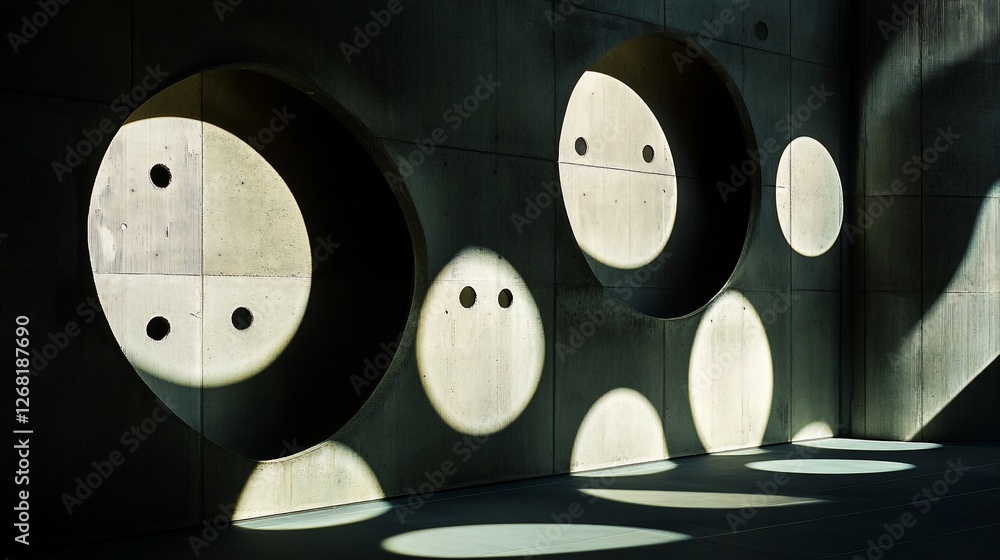 Aufkleber abstract architectural wall with circular cutouts casting light patterns on the floor.