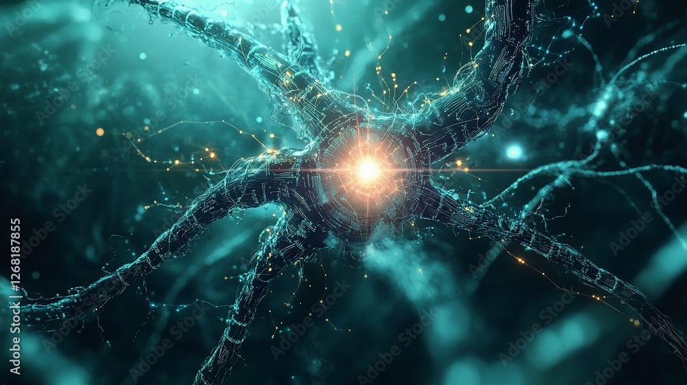 Poster glowing neuron cell with bright core and network of connections.
