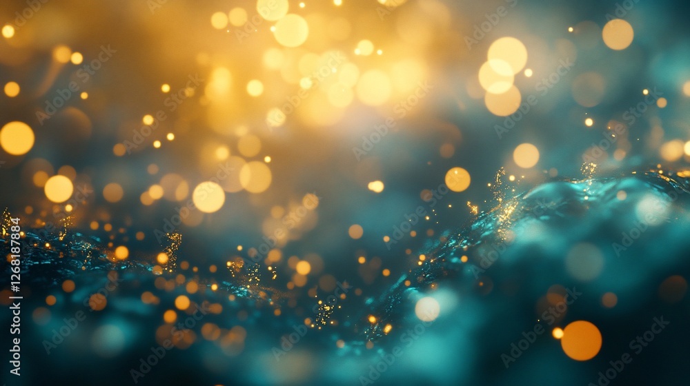 Poster abstract teal and gold bokeh background with glowing particles.