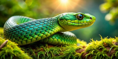Obraz premium Emerald Green Snake Coiled on Branch - Macro Photography Stock Image