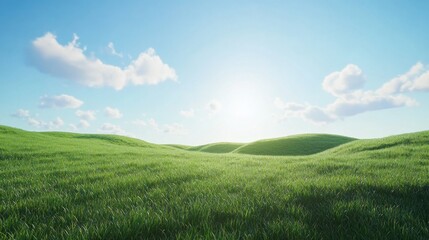 Obraz premium Sunny day, rolling green hills, blue sky, clouds, pastoral landscape, nature background, idyllic scene