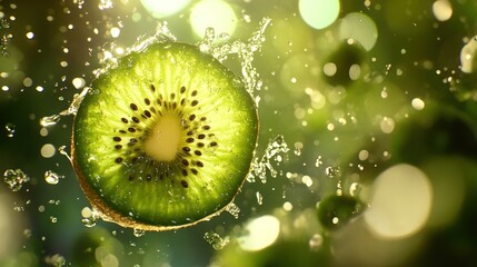 Juicy kiwi slice splashing, vibrant bokeh background,  fresh food ad