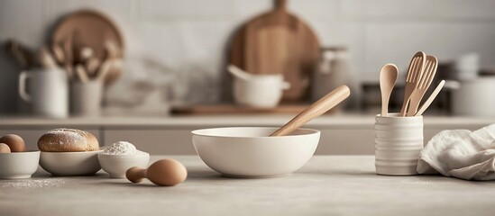 Kitchen scene with baking ingredients, utensils, and bowls on a countertop.