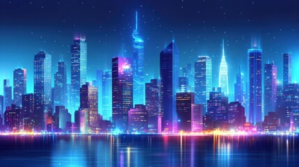 Futuristic city skyline, nighttime, neon lights, harbor reflection, promotional use