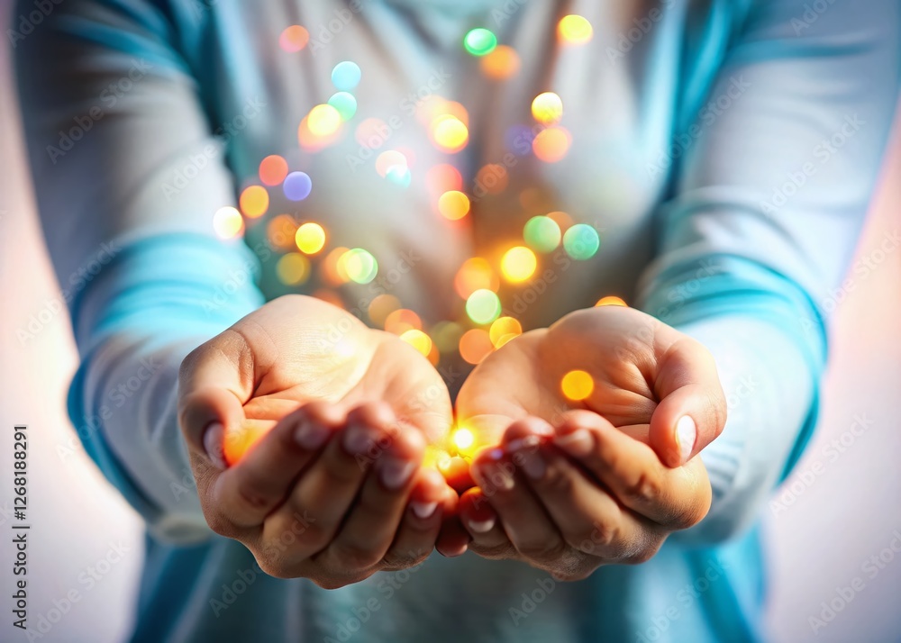 Poster empty hands holding small objects, isolated on white background - bokeh effect