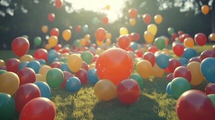 Colorful balloons falling on sunny park grass