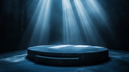 Dark blue circular platform with spotlight rays, ideal for product display or presentations.