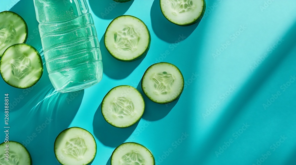 Poster refreshing cucumber water drink bottle with sliced cucumbers on a turquoise background.