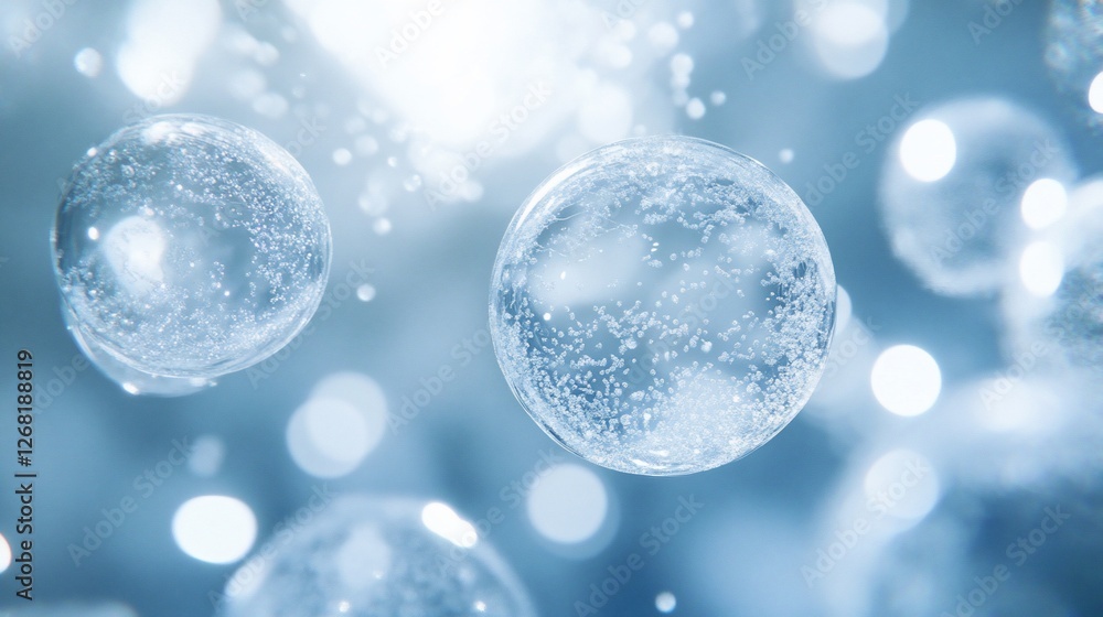 Poster abstract image of floating translucent spheres with bubbles and bokeh lights, suggesting purity, fre
