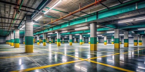 Obraz premium Empty Underground Parking Garage - Drone Interior Shot - Modern Architecture
