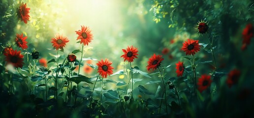 Sunlit red sunflowers in a lush green garden.