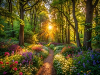 Naklejka premium Enchanted Forest Sunlight: Lush Green Trees & Wildflowers, Magical Nature Scene
