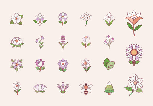 Purple and Green Spring Flowers Garden Floral Illustration Set