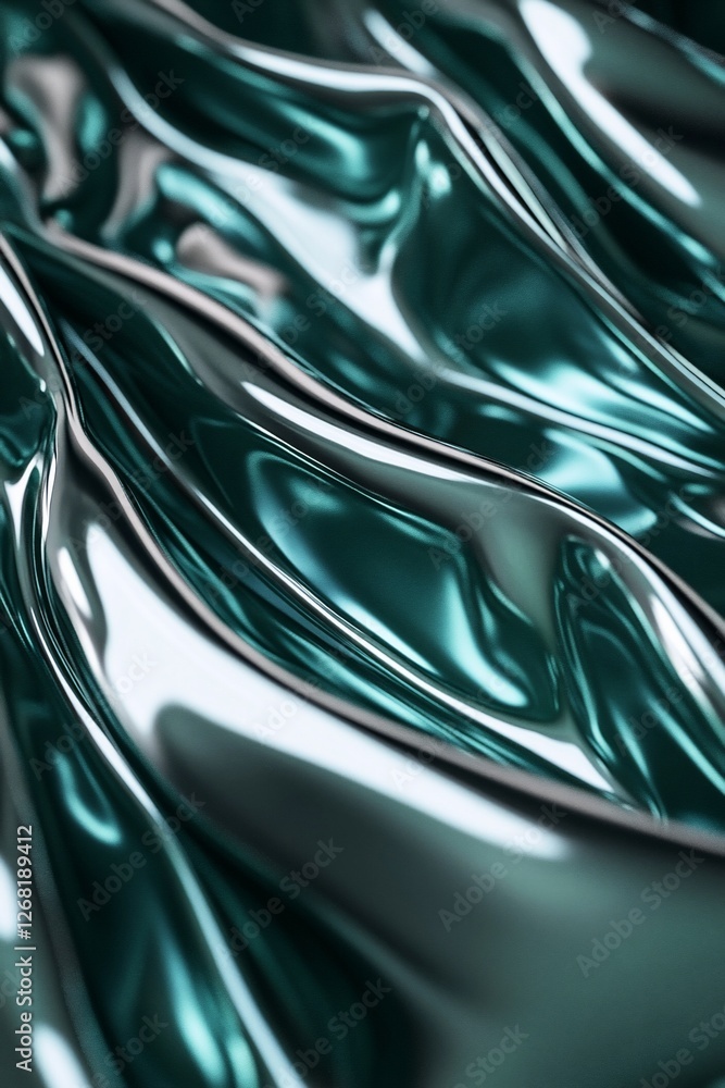 Poster abstract teal metallic fabric texture with soft waves and reflections.