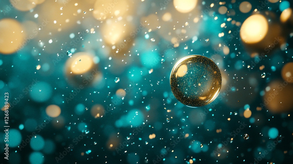 Poster abstract gold sphere with teal bokeh background and falling particles.