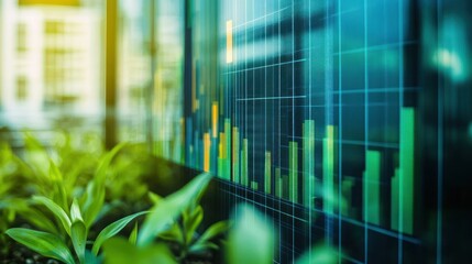 Green finance data screen, office plants, growth charts