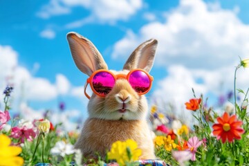 Sunny bunny in sunglasses, flower field, spring, advertisement