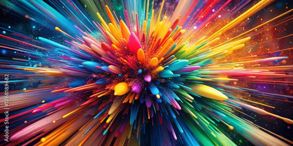 Poster energetic abstract 3d color explosion with bokeh, vibrant multicolored shapes, dynamic design